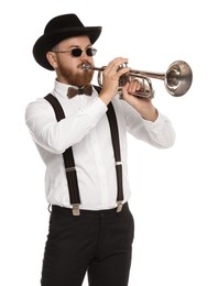 Handsome musician playing trumpet on white background