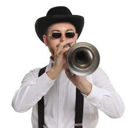 Photo of Handsome musician playing trumpet on white background