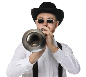 Photo of Handsome musician playing trumpet on white background