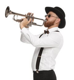 Handsome musician playing trumpet on white background