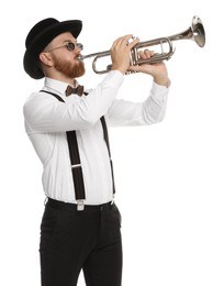 Handsome musician playing trumpet on white background