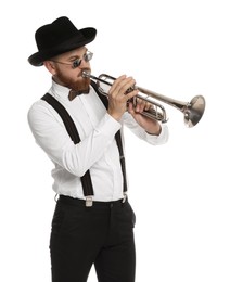 Handsome musician playing trumpet on white background