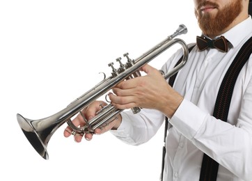 Photo of Musician with trumpet on white background, closeup