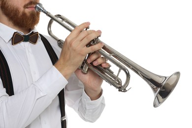 Photo of Musician with trumpet on white background, closeup