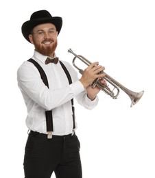 Photo of Smiling musician with trumpet on white background