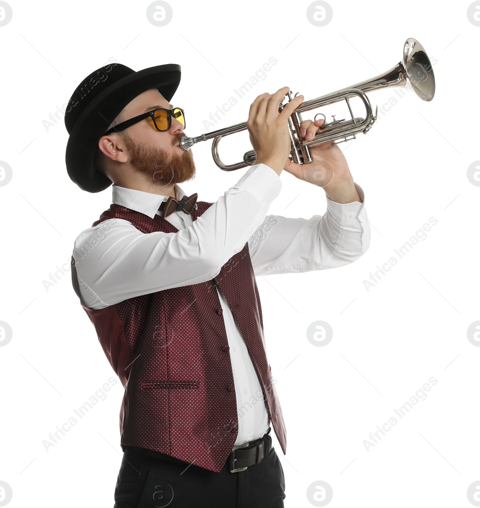 Photo of Handsome musician playing trumpet on white background