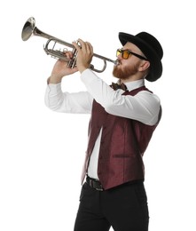 Photo of Handsome musician playing trumpet on white background