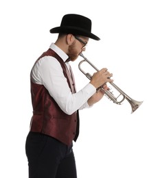 Photo of Handsome musician playing trumpet on white background