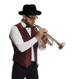 Handsome musician playing trumpet on white background