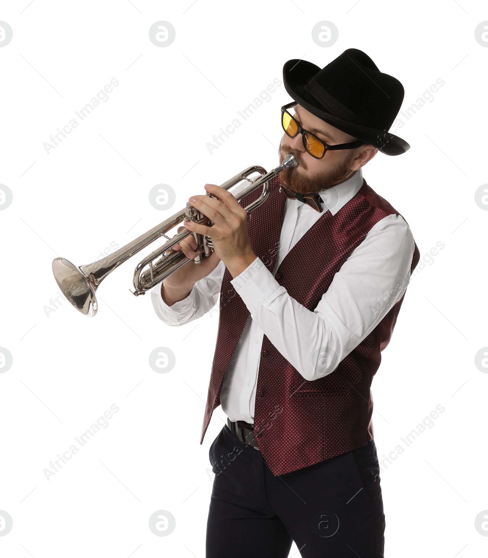 Photo of Handsome musician playing trumpet on white background