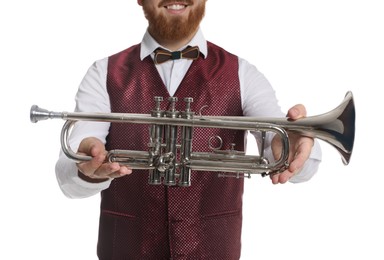 Smiling musician with trumpet on white background, closeup