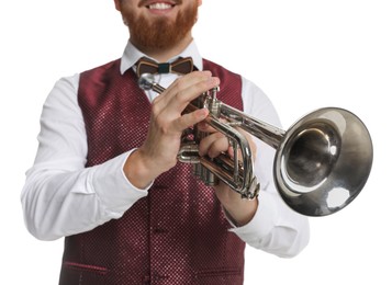 Smiling musician with trumpet on white background, closeup