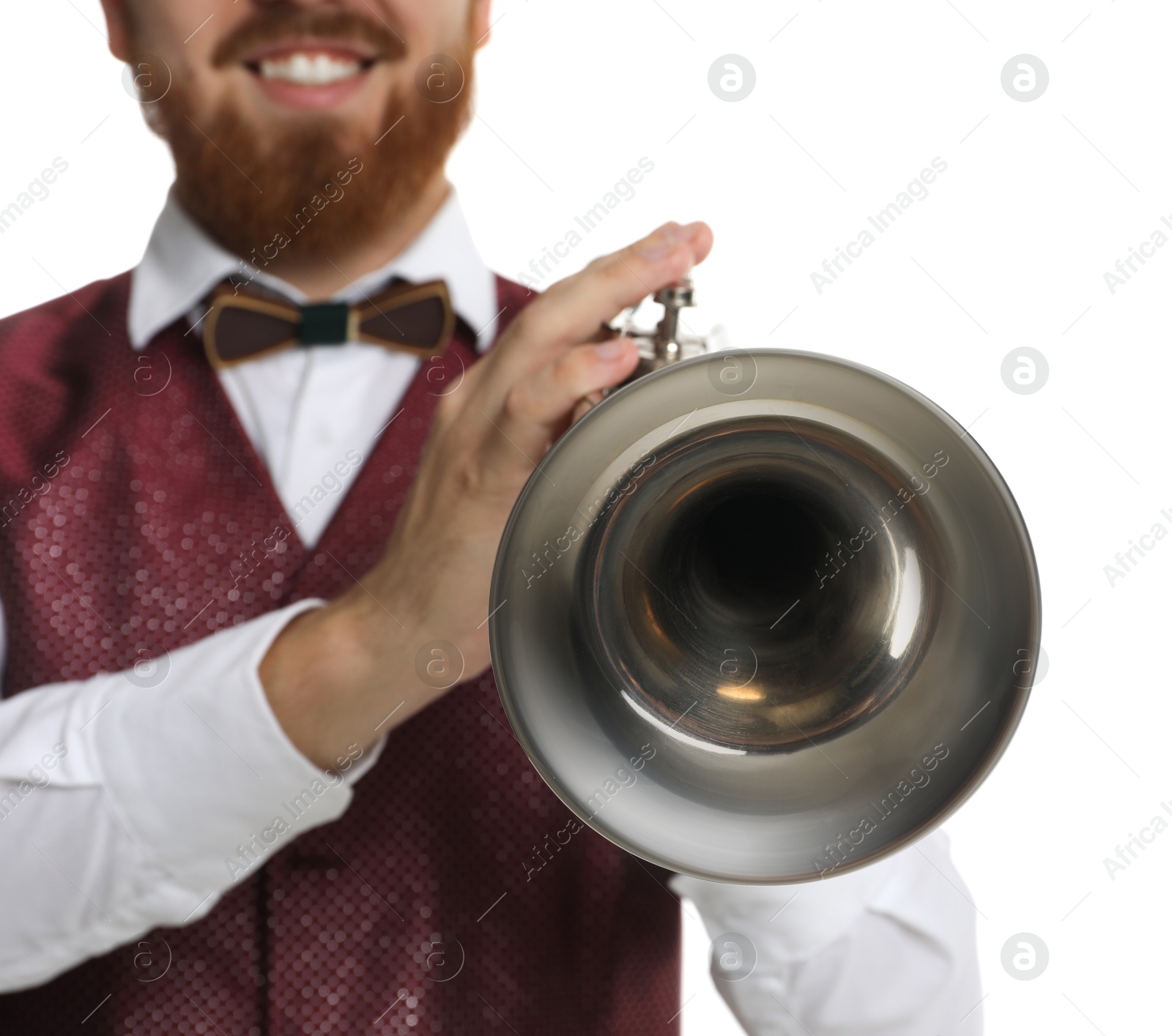 Photo of Smiling musician with trumpet on white background, closeup