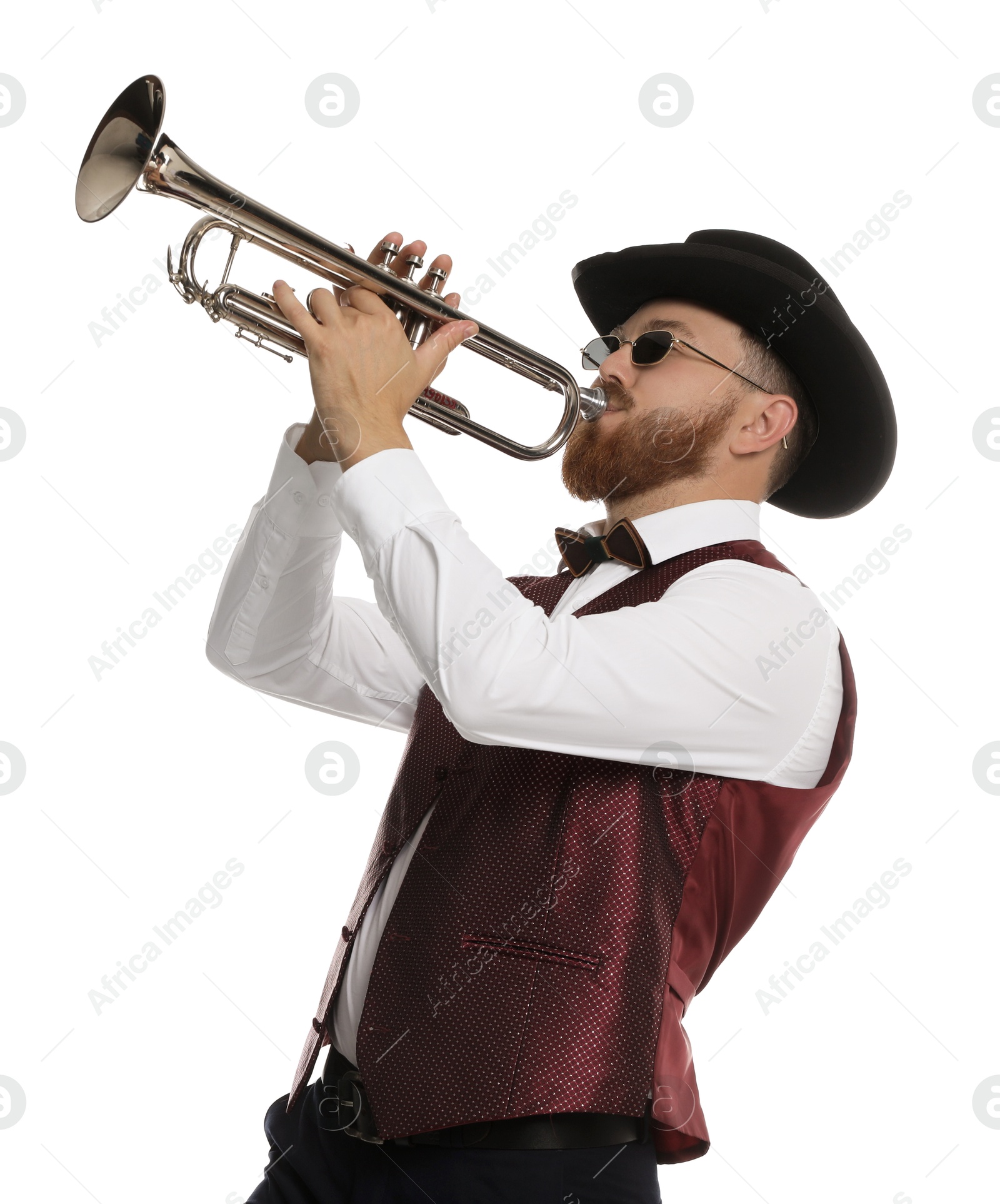 Photo of Handsome musician playing trumpet on white background