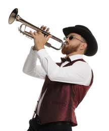 Handsome musician playing trumpet on white background