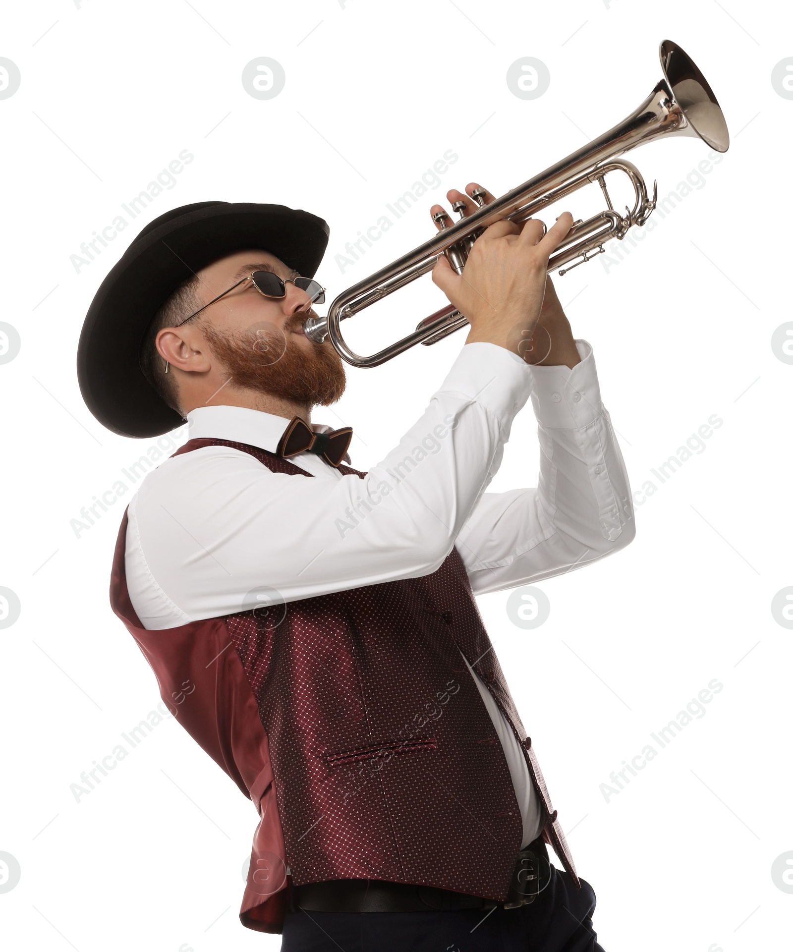 Photo of Handsome musician playing trumpet on white background