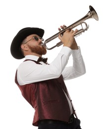 Photo of Handsome musician playing trumpet on white background