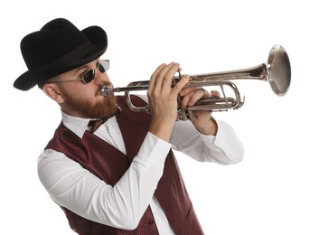 Handsome musician playing trumpet on white background