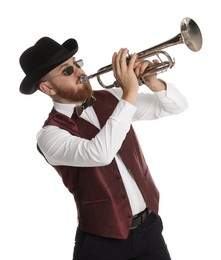 Handsome musician playing trumpet on white background