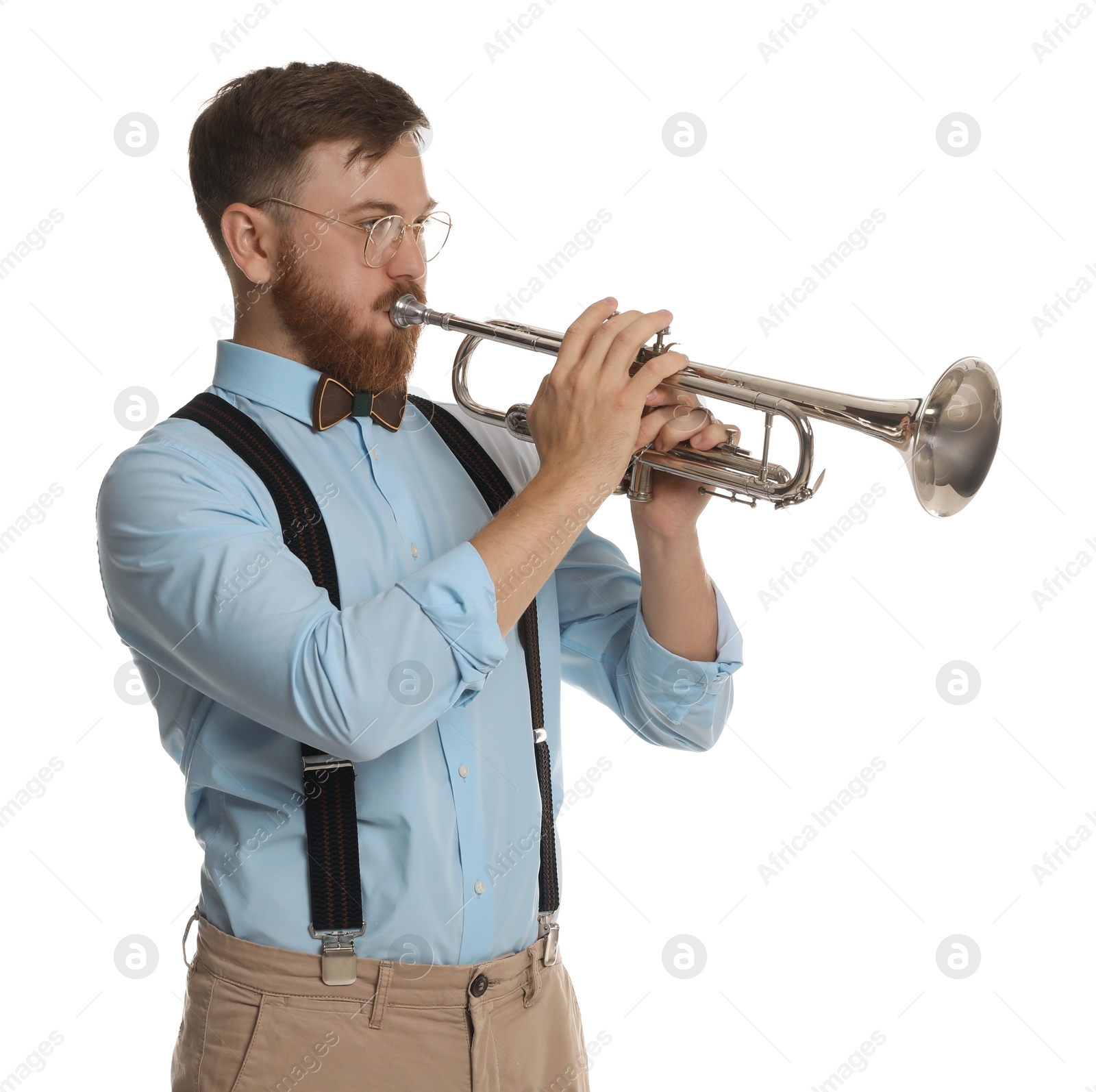 Photo of Handsome musician playing trumpet on white background