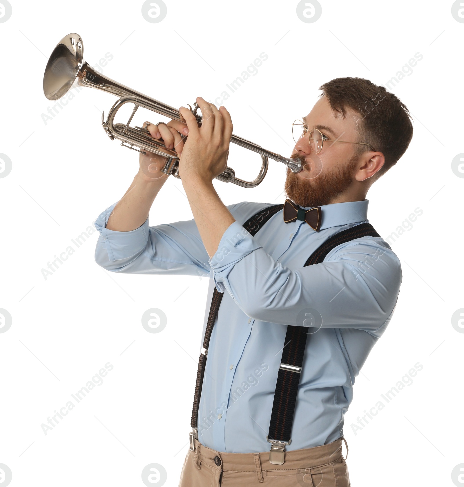 Photo of Handsome musician playing trumpet on white background