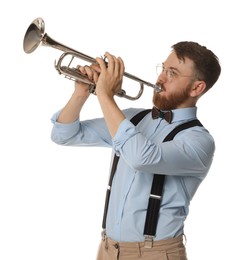 Photo of Handsome musician playing trumpet on white background