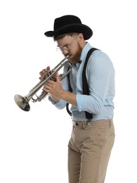 Handsome musician playing trumpet on white background