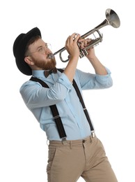 Photo of Handsome musician playing trumpet on white background