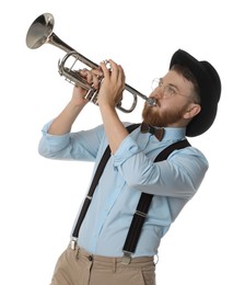 Handsome musician playing trumpet on white background