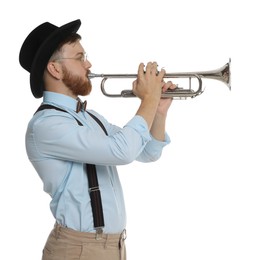 Handsome musician playing trumpet on white background