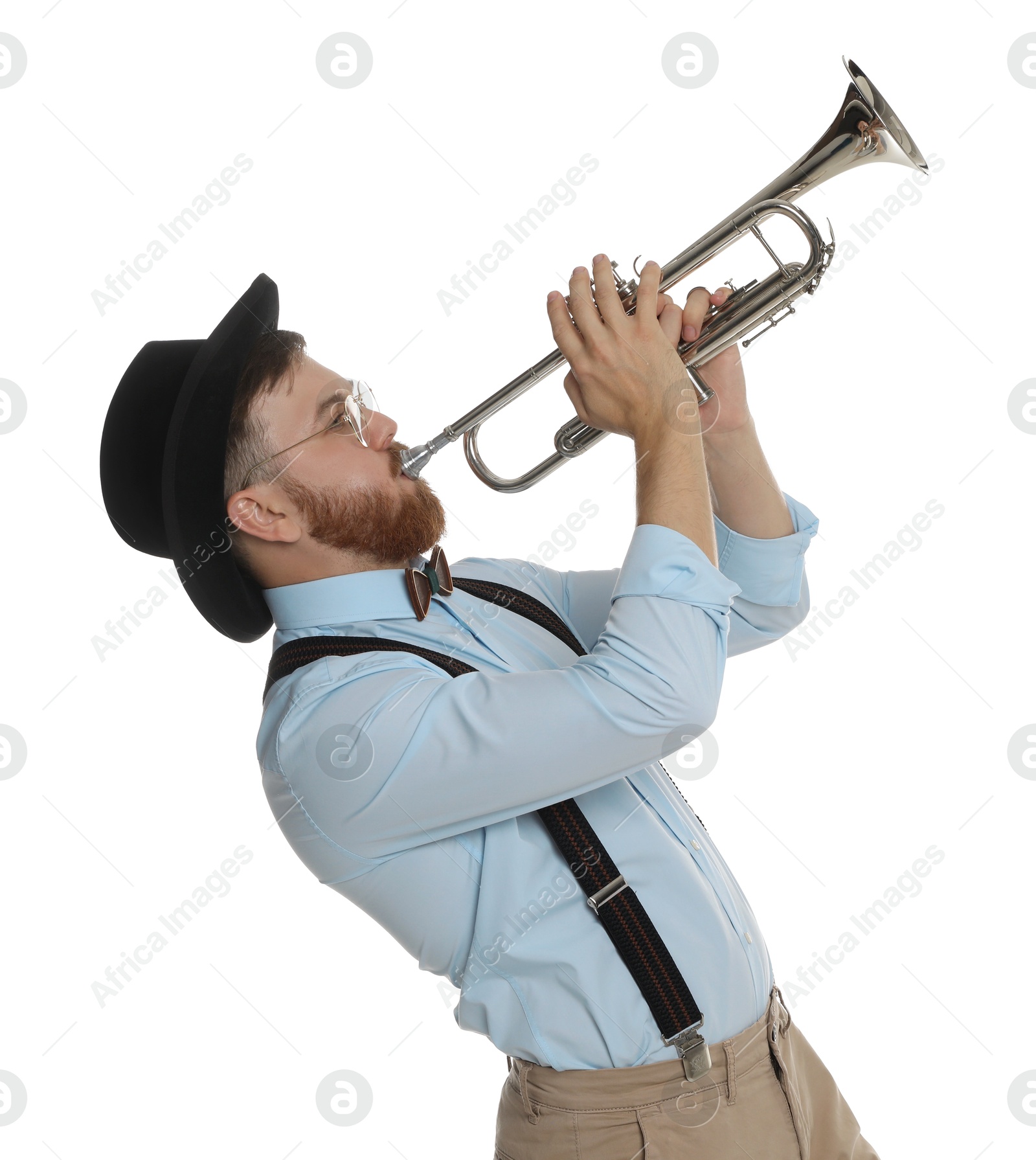 Photo of Handsome musician playing trumpet on white background