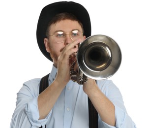 Handsome musician playing trumpet on white background