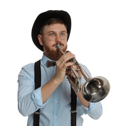 Photo of Handsome musician playing trumpet on white background