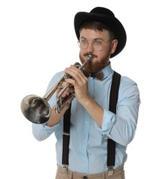 Handsome musician playing trumpet on white background