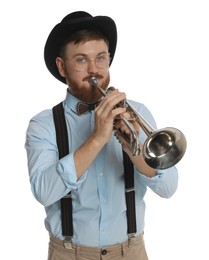 Handsome musician playing trumpet on white background