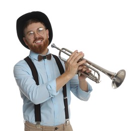 Smiling musician with trumpet on white background