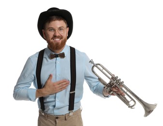 Smiling musician with trumpet on white background