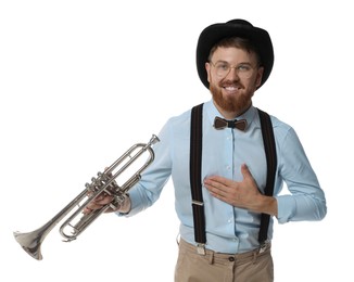 Smiling musician with trumpet on white background