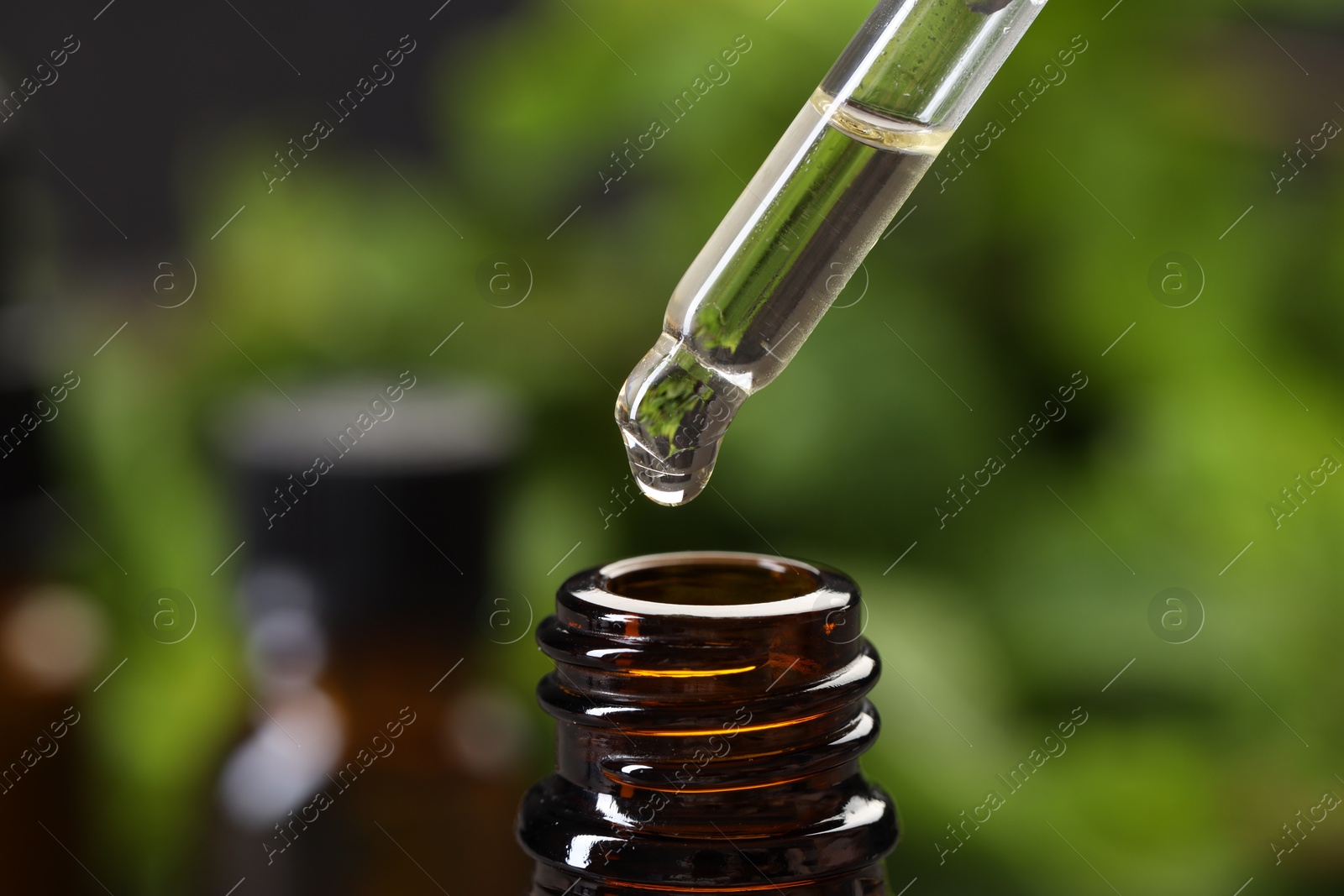 Photo of Dripping essential oil into bottle on blurred background, closeup