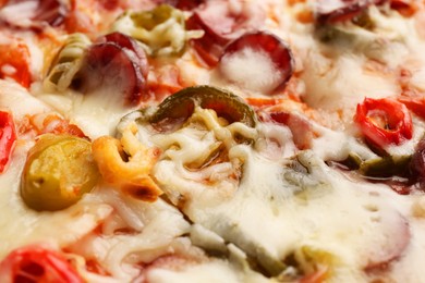 Photo of Delicious pizza Diablo as background, closeup view