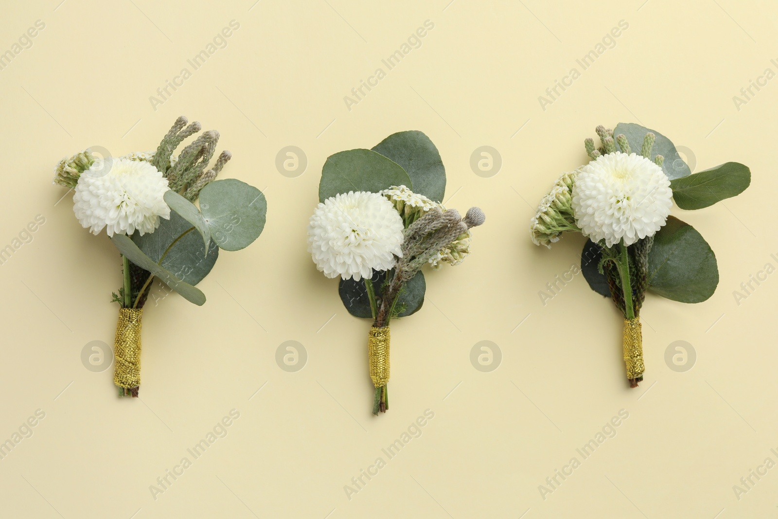 Photo of Many stylish boutonnieres on beige background, flat lay