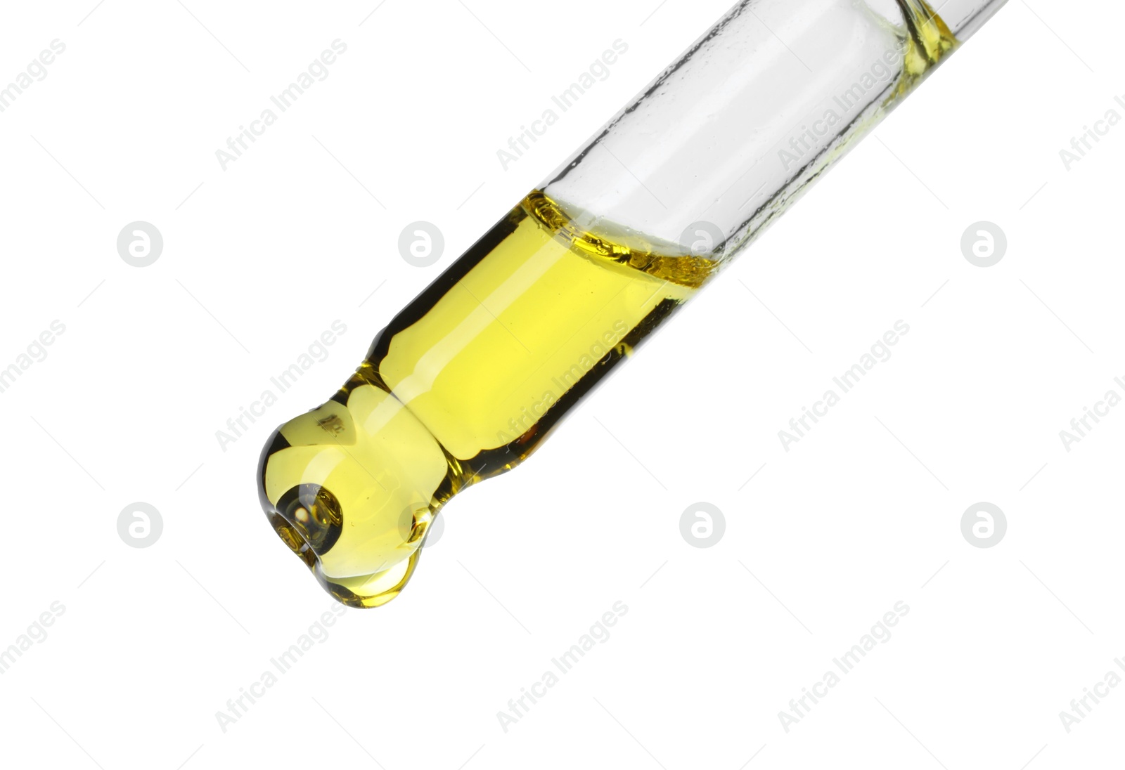 Photo of Dripping essential oil from pipette on white background