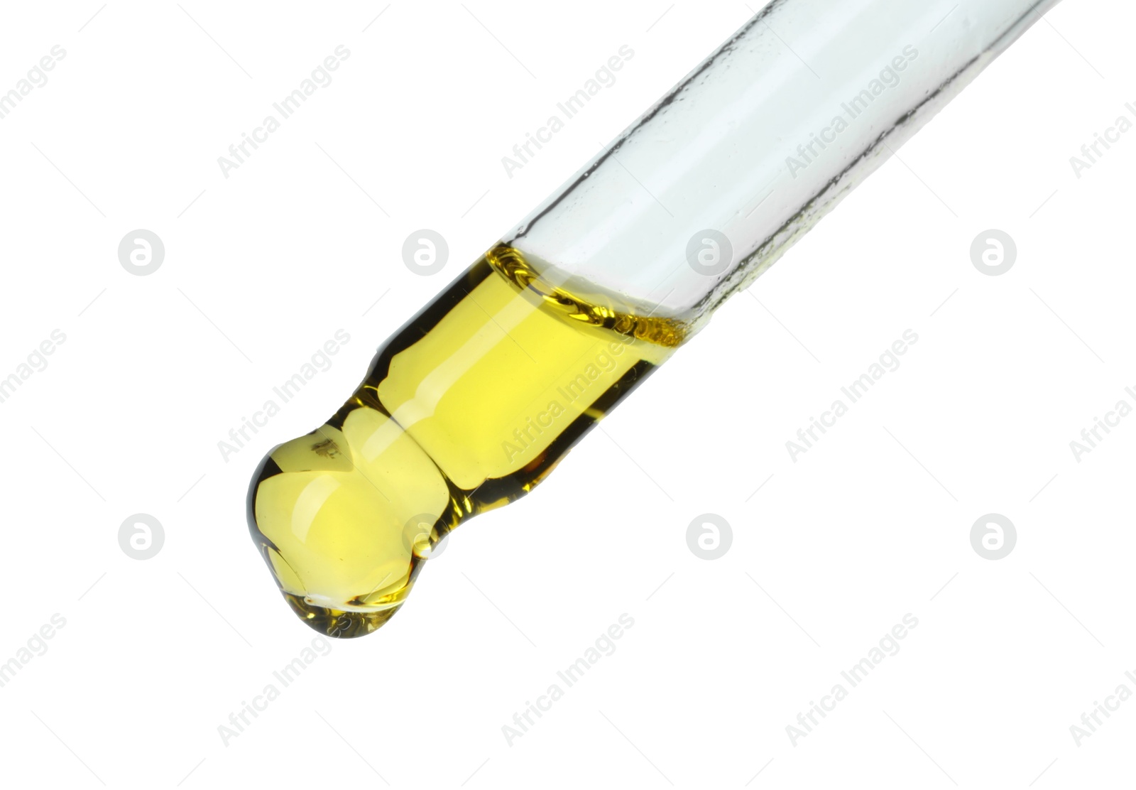 Photo of Dripping essential oil from pipette on white background