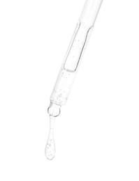 Photo of Dripping cosmetic serum from pipette on white background