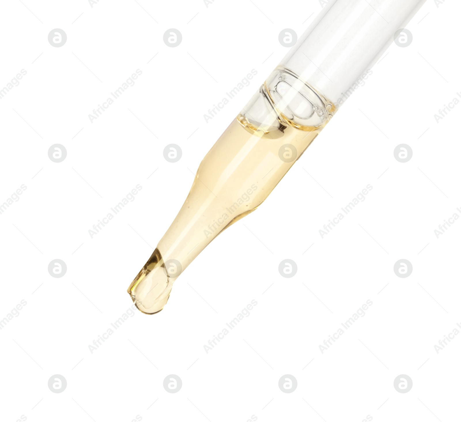 Photo of Dripping essential oil from pipette on white background