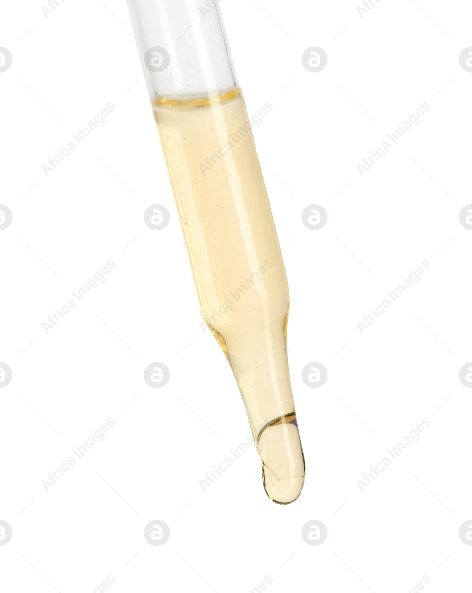 Photo of Dripping essential oil from pipette on white background