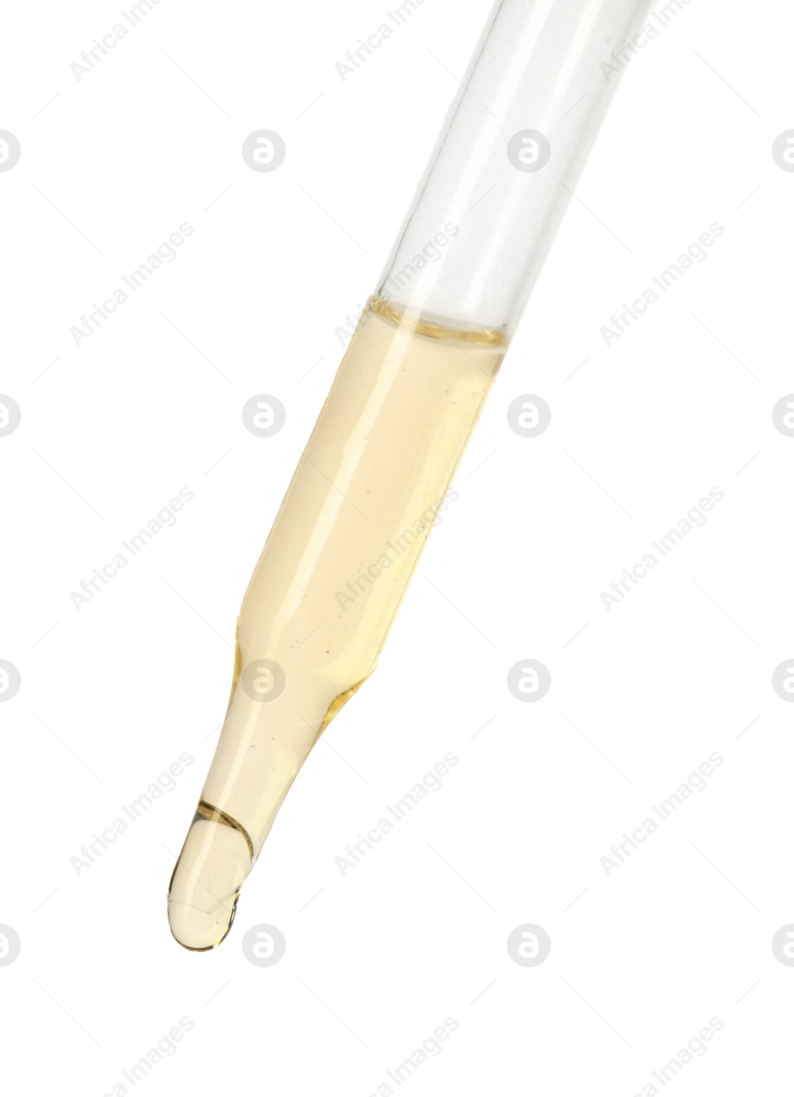 Photo of Dripping essential oil from pipette on white background