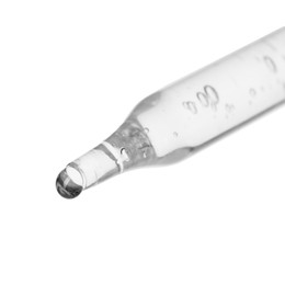 Photo of Dripping cosmetic serum from pipette on white background