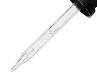 Photo of Dripping cosmetic serum from pipette on white background