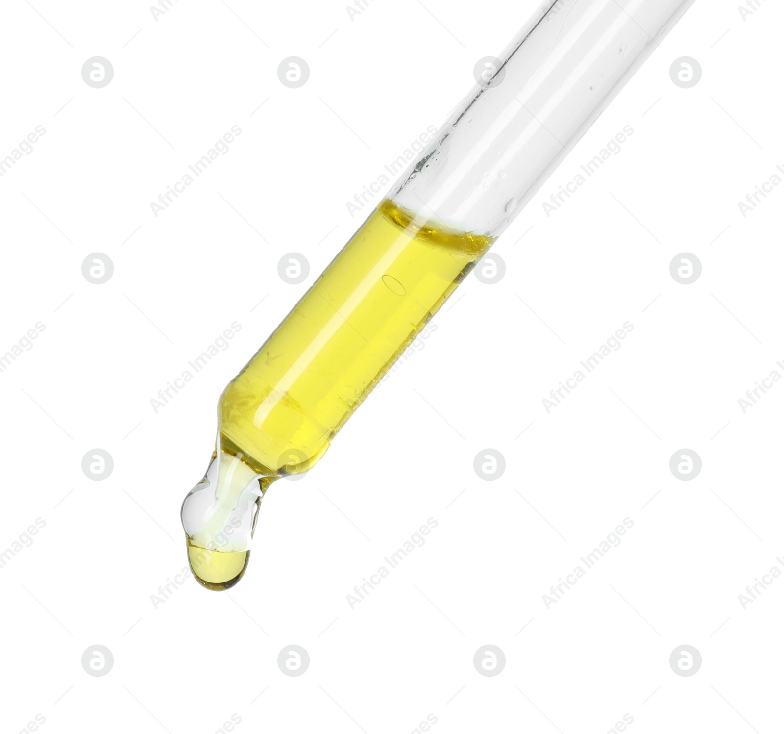 Photo of Dripping essential oil from pipette on white background